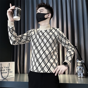 痞帅炸街男士半高领套头格子毛衣社会小伙店主风301C-M77P78控108图片