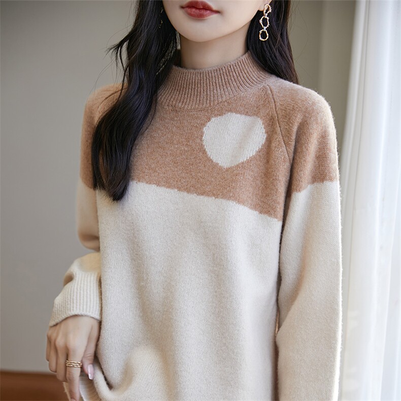 半高领拼色加厚100%纯羊毛衫女插肩袖针织打底毛衣宽松羊绒衫上衣,女装羊毛衫,宏杨羊绒
