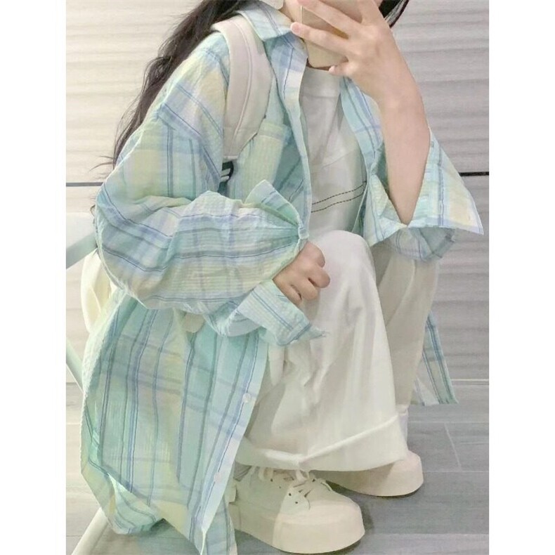 小清新薄荷绿polo领格子衬衫女2025春秋新款幂式穿搭长袖衬衣外套,男装衬衫,星座506A