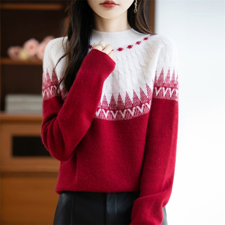 2025百搭时尚费尔岛重工提花半高领针织衫,针织衫/毛衣,美杜莎羊绒