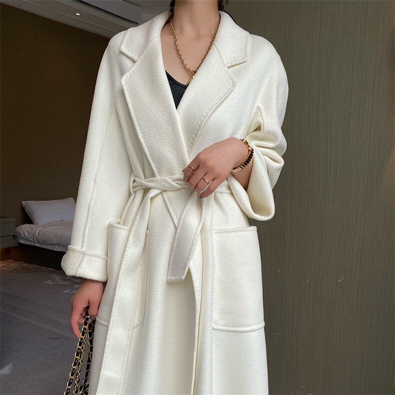 正品！高端水波纹双面羊绒大衣女2024新款睡袍款纯羊毛呢外套长款，女装双面呢大衣，蒙绒特