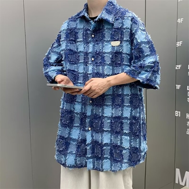 磨毛格子衬衫男款短袖高级感夏季潮衬衫W1375P40,男装衬衫,星座1116-2