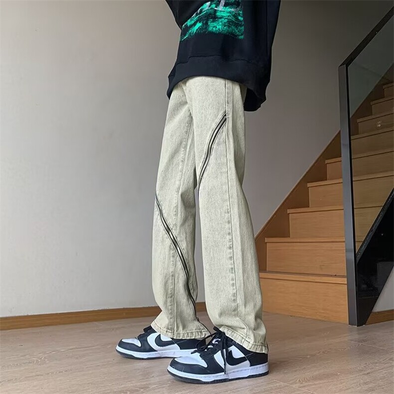 美式黄泥染拉链牛仔裤男裤子小众设计感直筒宽松阔腿裤NZ722/P45,男装牛仔裤,星座506
