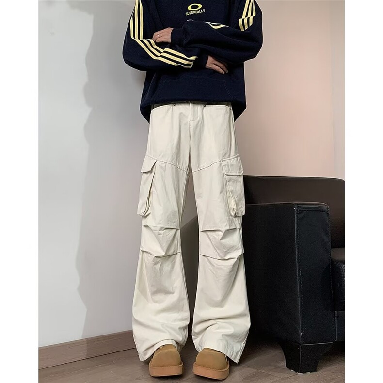 港风秋款男工装裤大口袋褶皱微喇叭弯刀直筒休闲长裤H7152P45，男装工装外套，星座1013-1