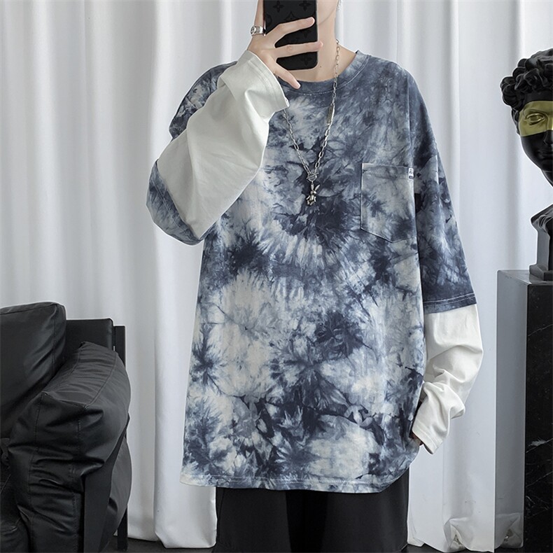 春秋季新款风水墨ins扎染潮流宽松假两件上衣潮流T恤T721-P35,男装T恤,星座512-2