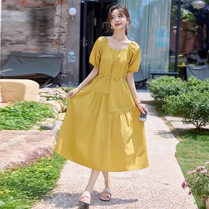 时尚拼接纯棉U领连衣裙女2025夏装新款今年流行爆款泡泡袖长裙子图片