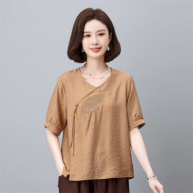 优雅刺绣短袖衬衫女宽松显瘦V领上衣夏季新款时尚百搭女装,女装衬衫,叶笙衣