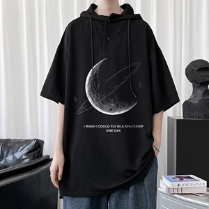 LD54246-P45连帽短袖t恤男大码胖子带帽五分袖中袖