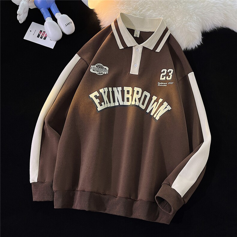 港风中性风平铺POLO领卫衣情侣大码M-5XL休闲套头卫衣男C7720P55，男装Polo衫，星座227-7