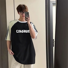 抖音得物品质二开240克宽松纯棉美式潮牌插肩三杠织带短袖T恤，男装T恤，电商A486-1