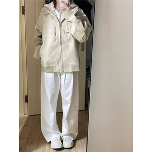 新款韩版时尚百搭斜拉链立领宽松鹿皮绒外套图片
