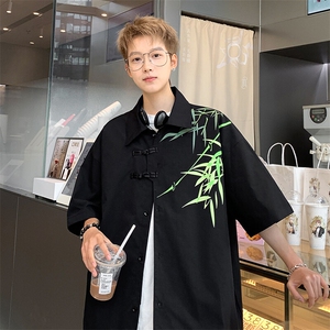 2026夏装潮男新中式印花盘扣短袖五分袖衬衫 CS780/特P35 黑色5图片