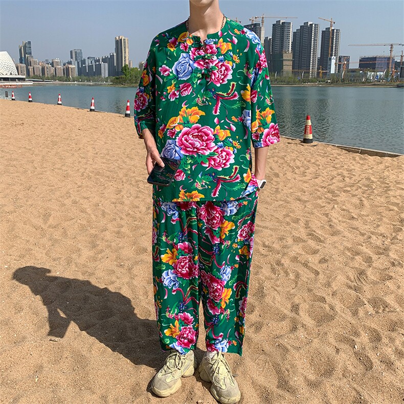 TZ340男士夏季风大花布套装大码宽松凉爽透气民族风个性外套图片