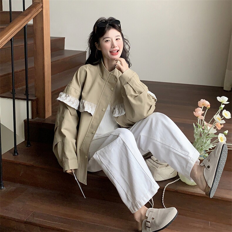 韩系甜美风蕾丝拼接风衣女2025春夏小众设计感宽松落肩休闲短外套,女装短外套,2C050