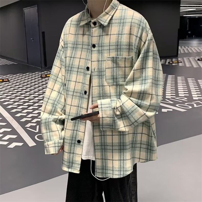 春秋港风复古休闲衬衣潮牌ins宽松格子衬衫男长袖外套W5747-P35,男装夹克,星座512-2