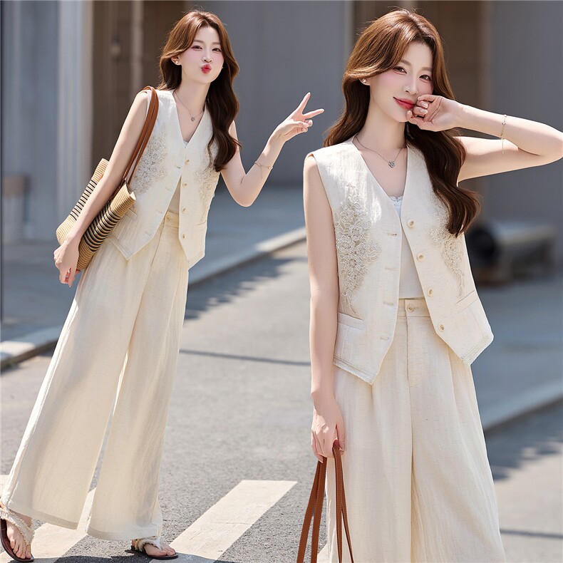 天丝亚麻套装女2026年新款流行无袖上衣阔腿裤巨好看的夏装两件套，女装套装/套裙，意芙