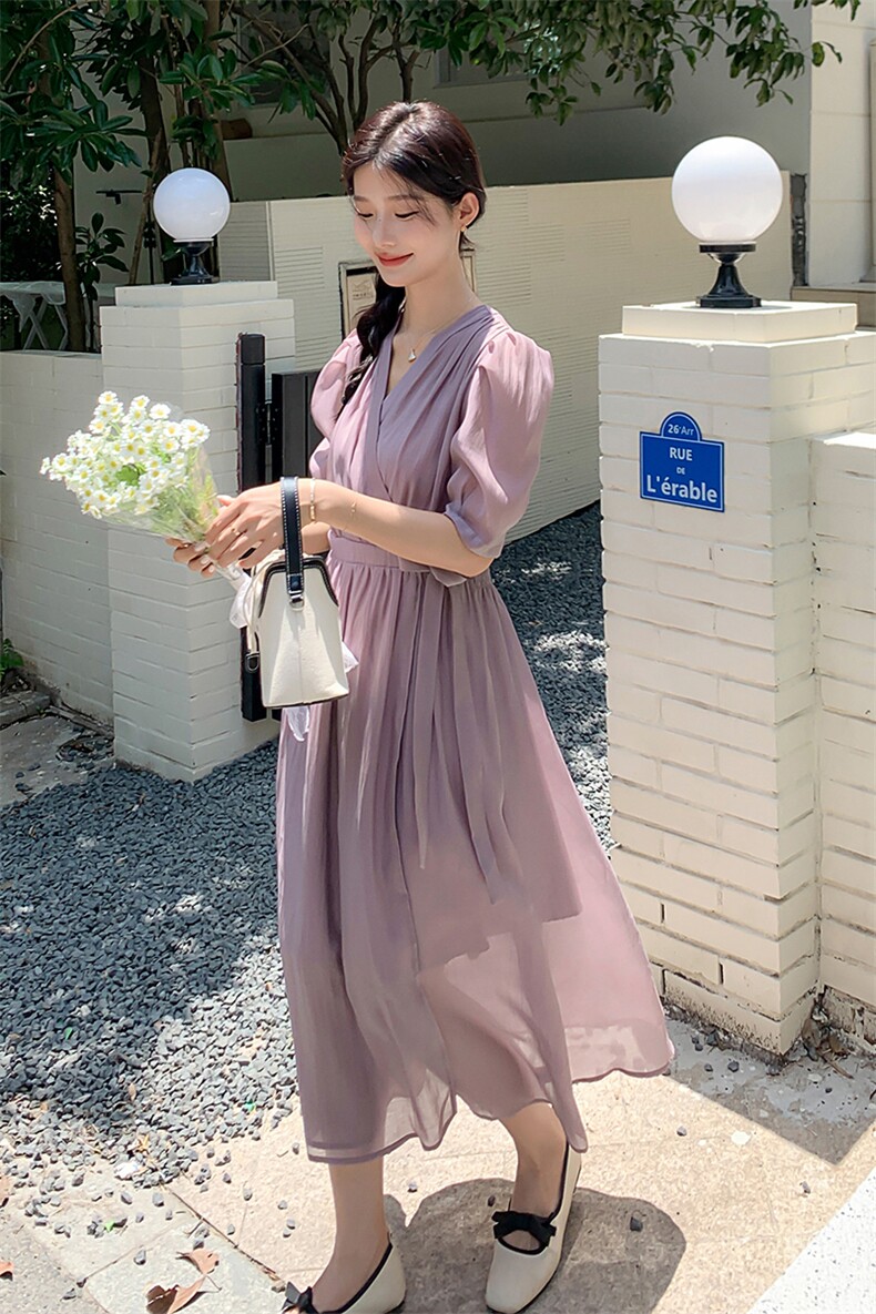 紫色轻熟风V领收腰显瘦连衣裙女2023夏季新款法式气质感桔梗长裙,女装连衣裙,一九零