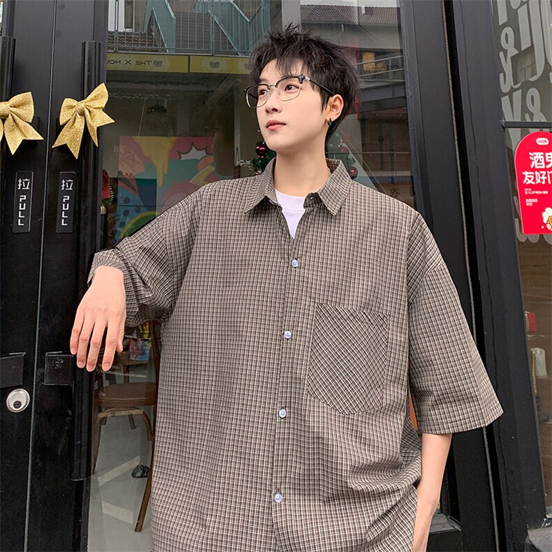 格子短袖衬衫男夏季新款港风宽松纯棉衬衣DX101-P35图片