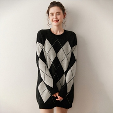 中长款菱形块百搭针织衫时尚休闲风,女装针织衫/毛衣,广悦羊绒, 中长款菱形块百搭针织衫时尚休闲风,女装针织衫/毛衣,广悦羊绒,