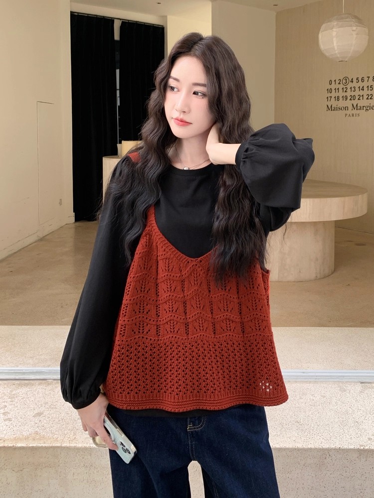 针织镂空背心上衣衬衫叠穿套装女秋巨好看绝美两件套女秋,女装套装/套裙,2B219