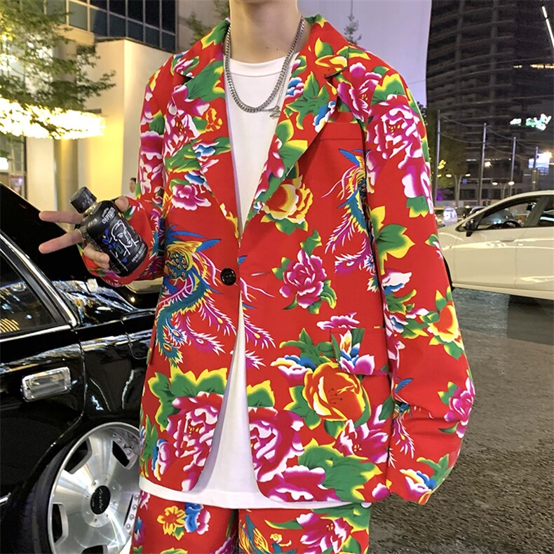 东北大花西服男士春夏休闲高级感套装网红风衣结婚新中式国风外套,男装西服,星座115A(原星座507）