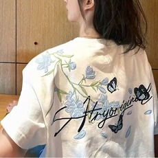 2025新款蓝花卉刺绣字母短袖t恤女潮牌设计感小众纯棉半袖上衣，男装T恤，星座1210-1