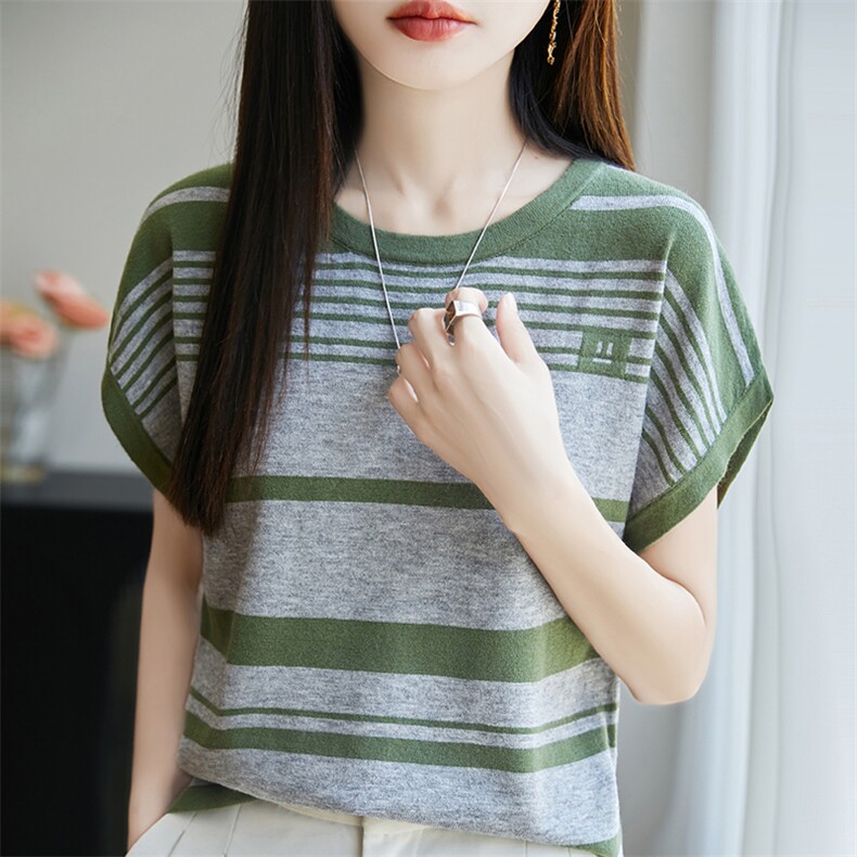 条纹冰丝短袖T恤女夏季2025新款宽松薄款大码女装上衣服爆款女装,女装T恤,斯美雅电商供货