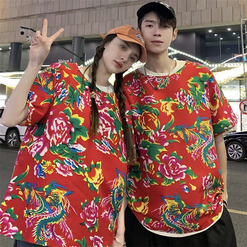 HT203夏情侣东北大花民族风牡丹花圆领短袖T恤青少年大码男女潮,男装T恤,星座115A(原星座507）