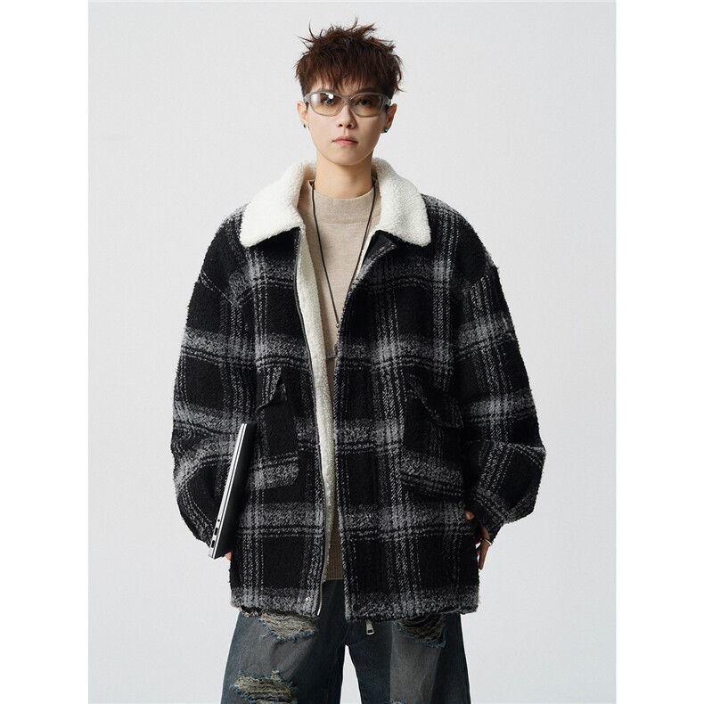 毛呢羊羔绒外套秋冬格子加绒加厚棉服美式高街外套A170-M809-P128,男装棉衣,电商A170