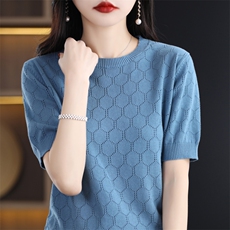 时尚百搭纯棉六边形短袖针织衫修身显瘦女士毛衣，女装针织衫/毛衣，桦兴羊绒