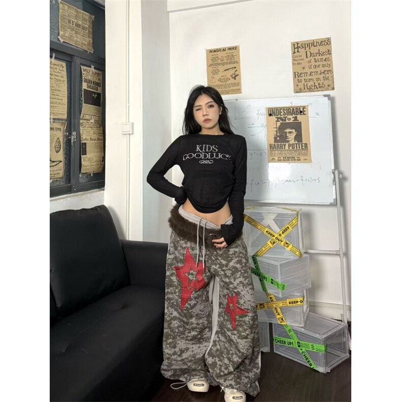 美式迷彩星星印花嘻哈舞蹈长裤男女阔腿休闲街头拖地裤W3132P38,男装休闲裤,星座1112-1