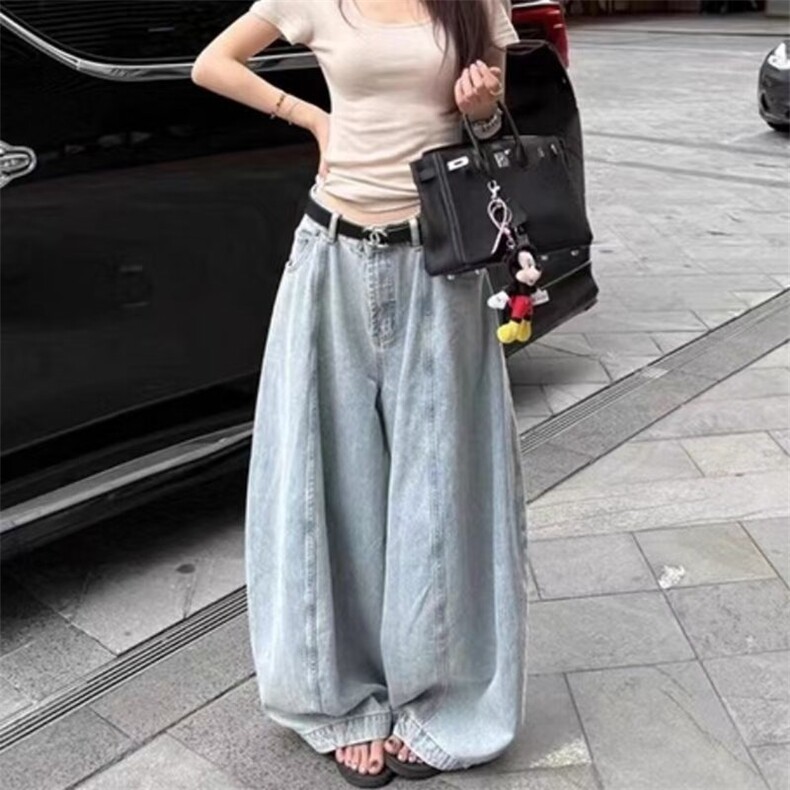 春秋季新款水洗美式高街阔腿牛仔裤女款宽松高腰设计显瘦拖地长裤,男装牛仔裤,星座813-2