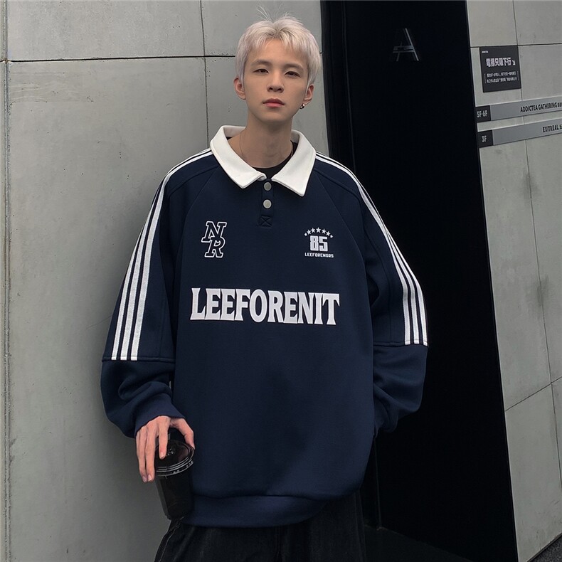 美式复古POLO衫长袖藏蓝色翻领卫衣男春秋学院风情侣外套W99-P58图片