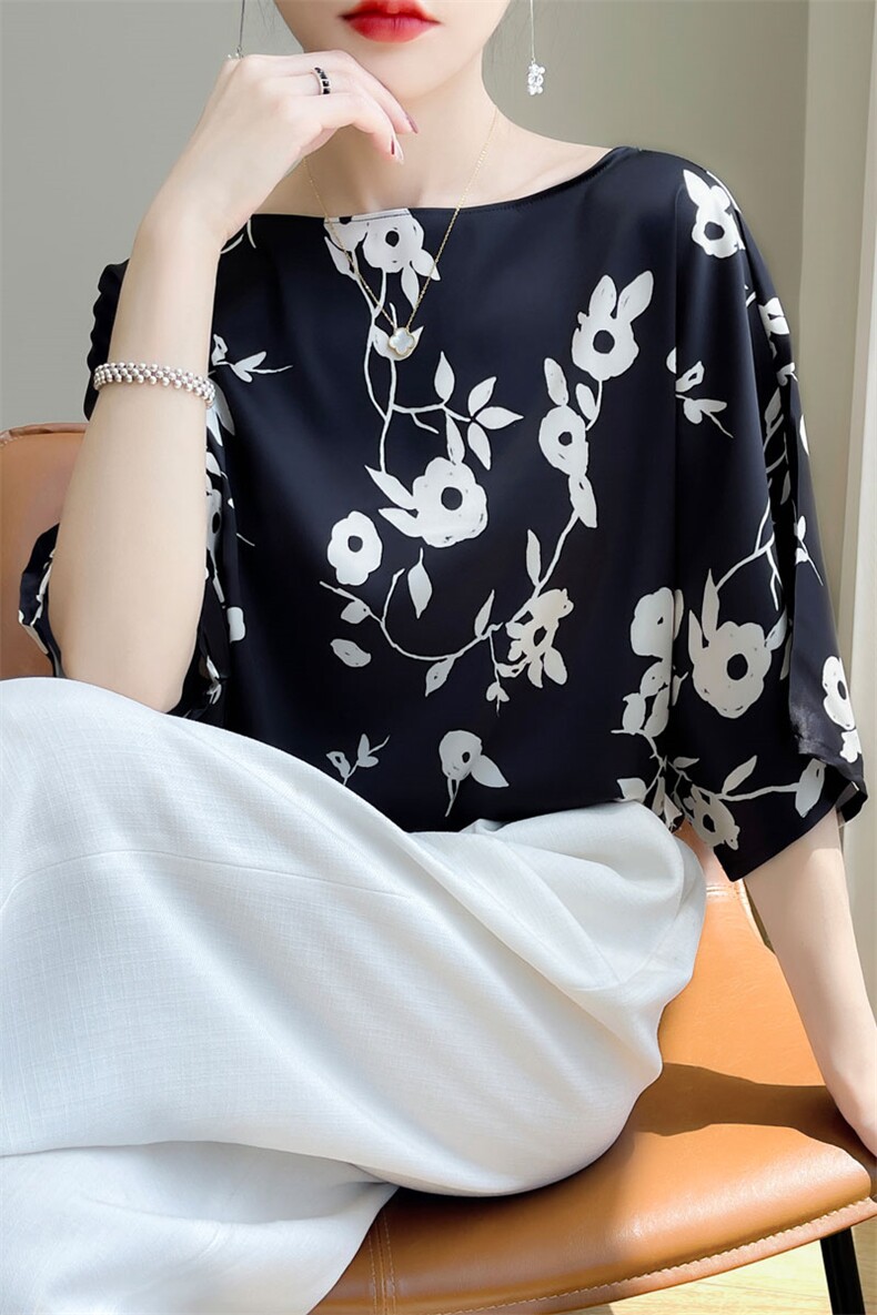宽松圆领真丝上衣女t恤夏季2023年新款别致水墨印花桑蚕丝衬衫,女装衬衫,羊特美羊绒