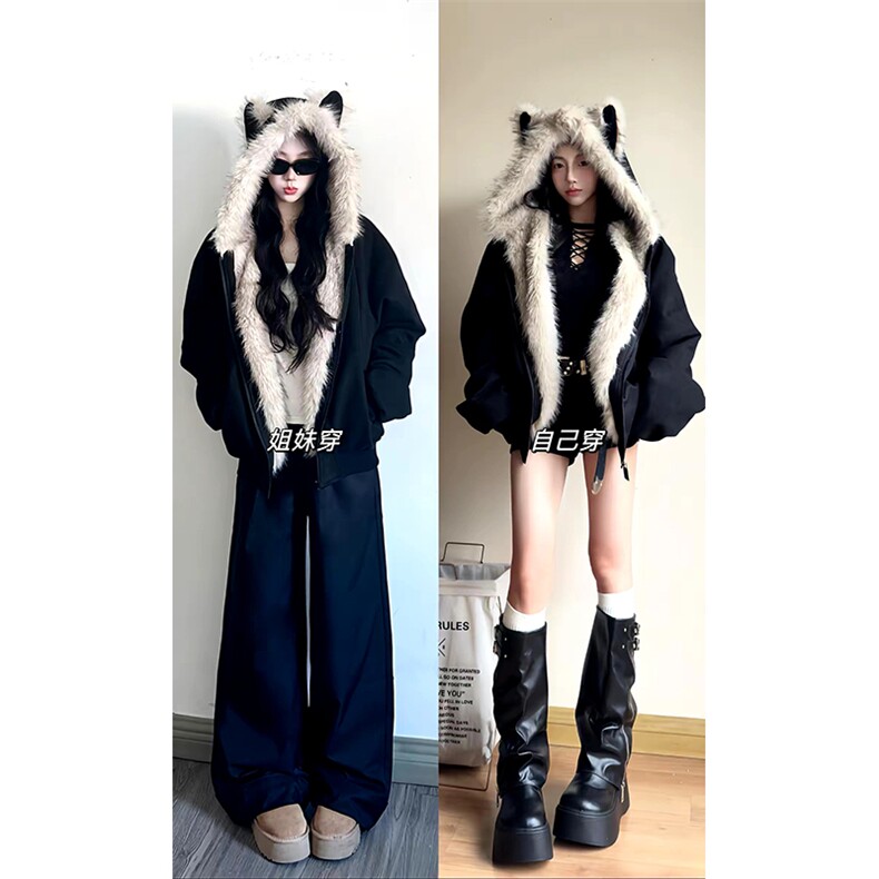 现货重磅硬挺boxy羽绒棉衣座山雕猫耳大毛毛领麂皮棉服冬外套图片