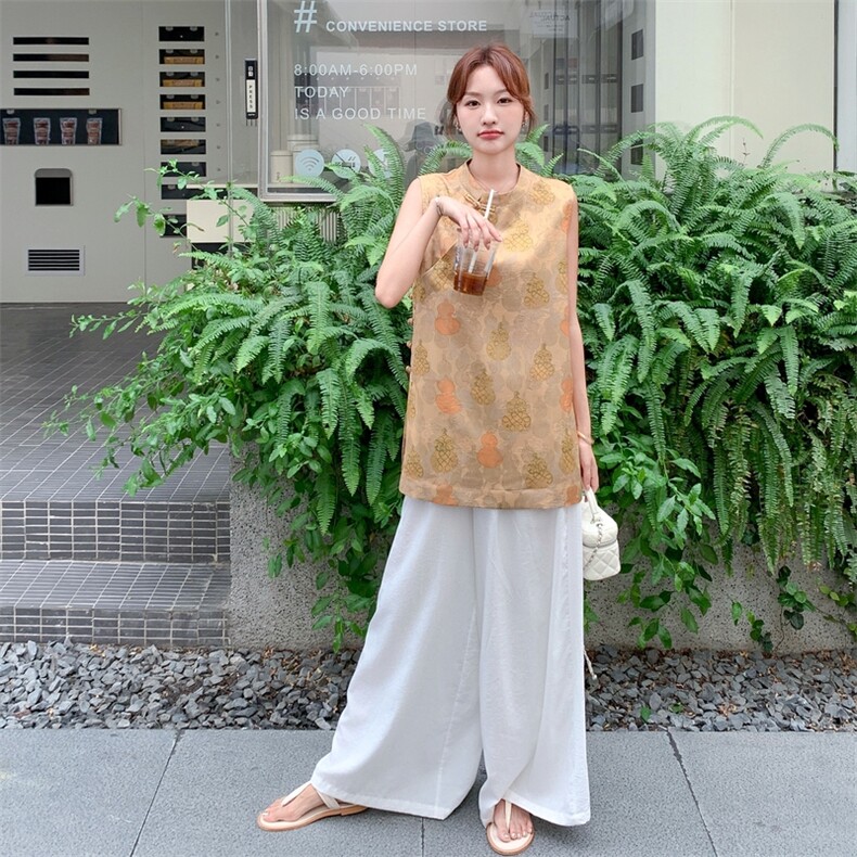 新中式轻奢高端套装女夏季盘扣立领印花无袖上衣阔腿裤裙两件套潮,女装套装/套裙,2C093