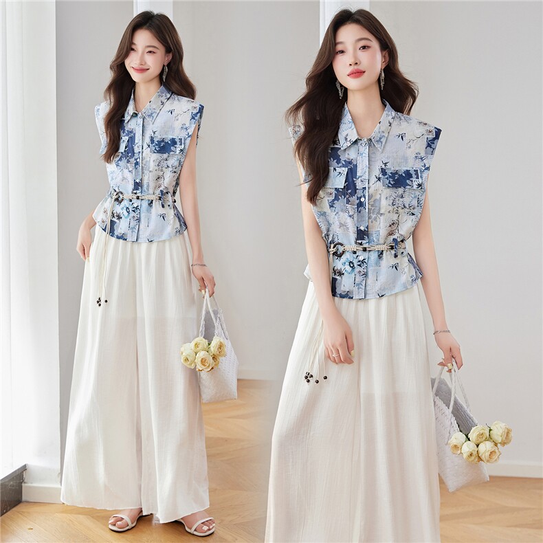 时尚休闲印花套装女2025夏季新款高端气质短袖衬衫阔腿裤两件套潮，女装套装/套裙，伊仟回