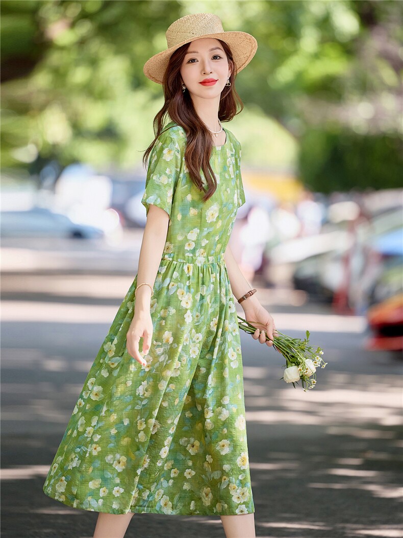 时尚碎花棉麻短袖连衣裙女夏2026新款收腰显瘦度假风休闲气质裙子,女装连衣裙,倪叶myz