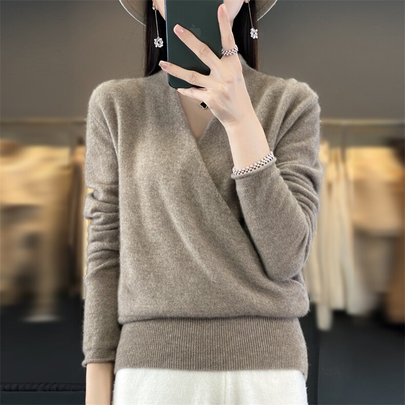 2025冬季新款交叉领羊毛衫女套头修身羊绒衫V领短款外穿和服毛衣,女装羊毛衫,九嘉羊绒