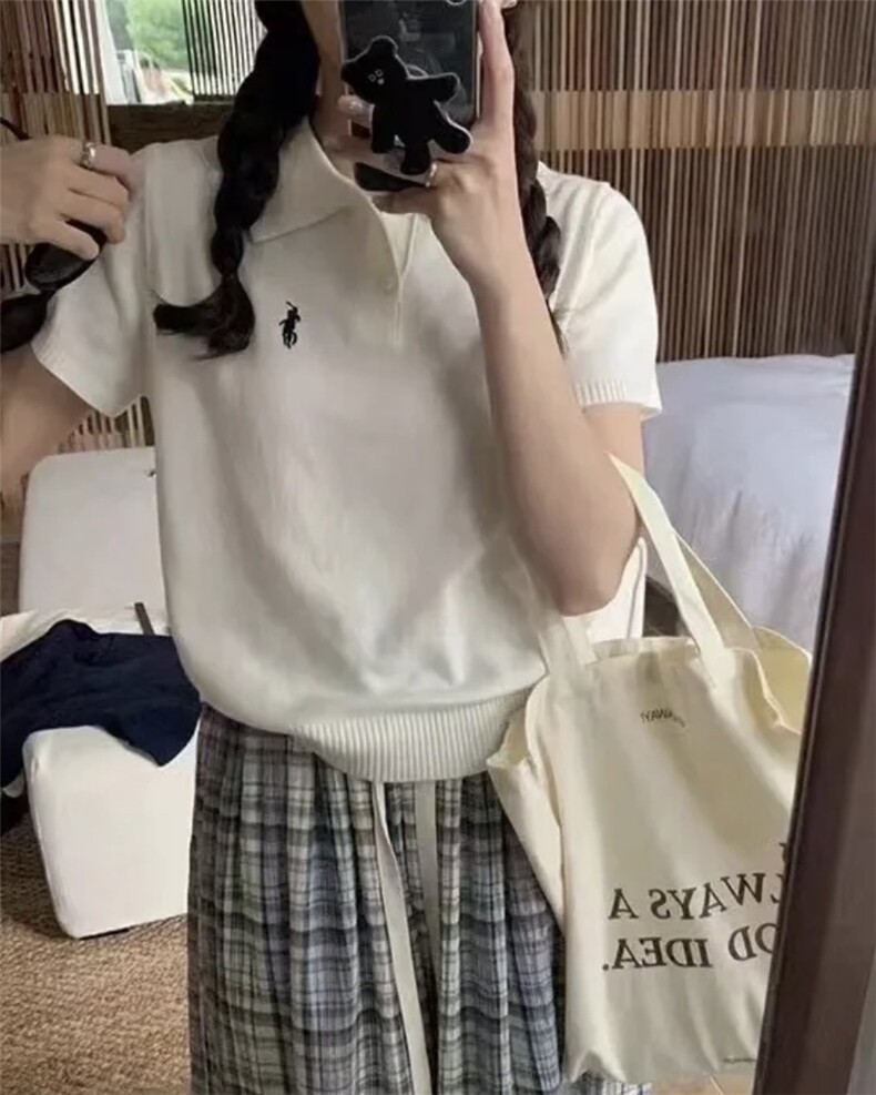韩版polo领短袖针织上衣女2025夏季新款休闲百搭针织衫女图片