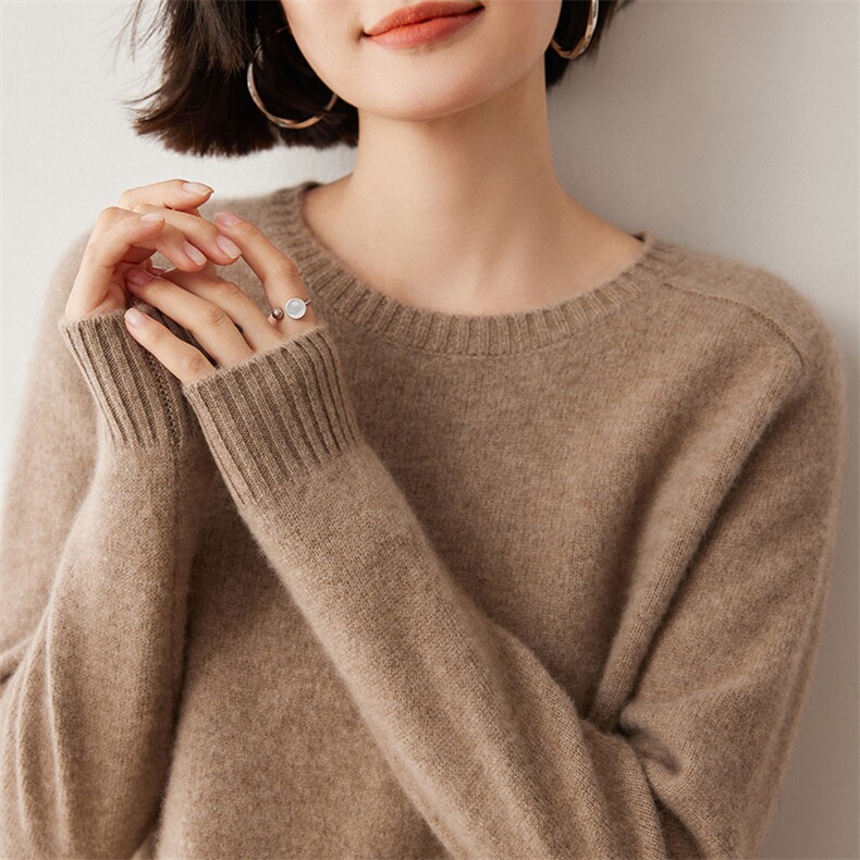 HE|2股7针加厚马鞍肩baby山羊绒衫女圆领宽松针织打底衫百搭毛衣,女装羊绒衫,蒂暖羊绒