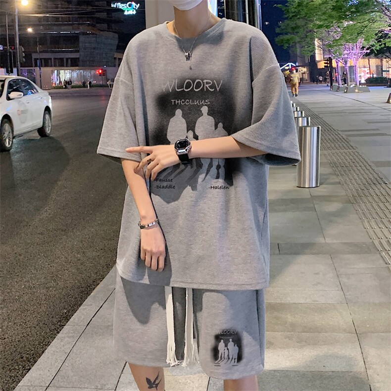 套装！夏季华夫格套装男T恤短裤男两件套大码港风TZ50-P50,男装休闲套装,电商B367