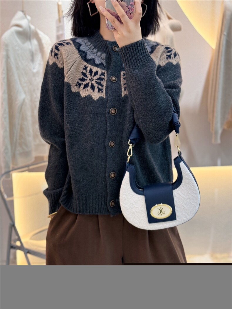 羊绒衫开衫女圆领提花费尔岛外套毛衣宽松上衣,女装羊绒衫,大千羊绒