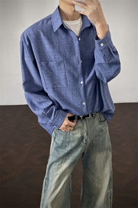 春夏男士衬衫冰丝薄款休闲上衣宽松垂感百搭黑色翻领长袖衬衣图片