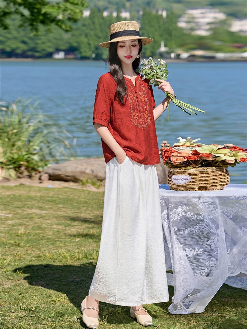 时尚洋气刺绣棉麻套装女2026夏季新款宽松遮肉显瘦阔腿裤两件套,女装套装/套裙,魅影
