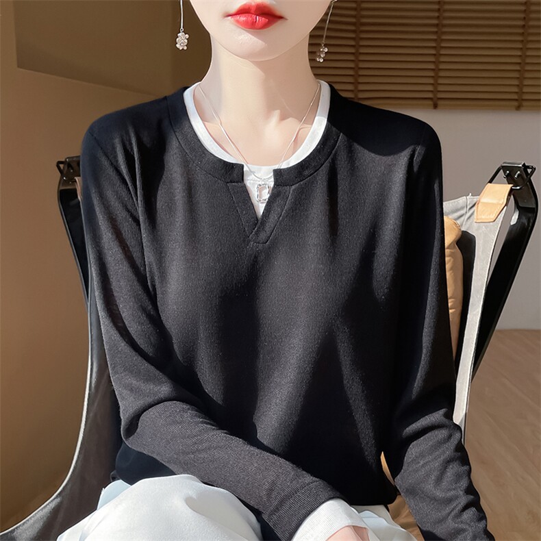 长袖针织打底衫女新薄款宽松上衣POLO领,针织衫/毛衣,绒宛羊绒