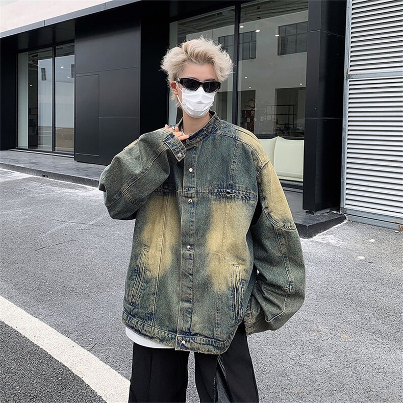 高品质秋款男立领牛仔夹克工装织带拼接渐变色外套JK8346P85,男装夹克,星座1013-1