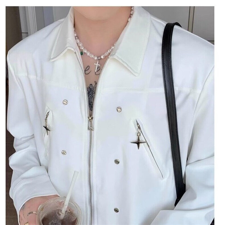 高级感小众结构金属拉链垫肩衬衫痞帅长袖衬衣男韩版宽松开衫外套,男装衬衫,星座506A