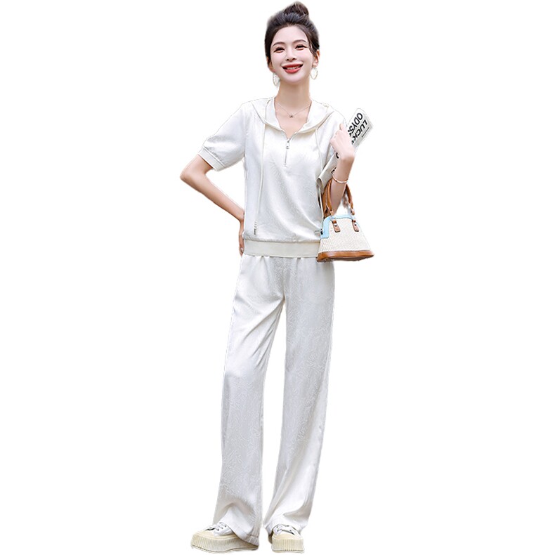 时尚套装女夏2025新款韩版提花冰丝宽松显瘦洋气减龄连帽两件套潮,女装套装/套裙,梦依杭