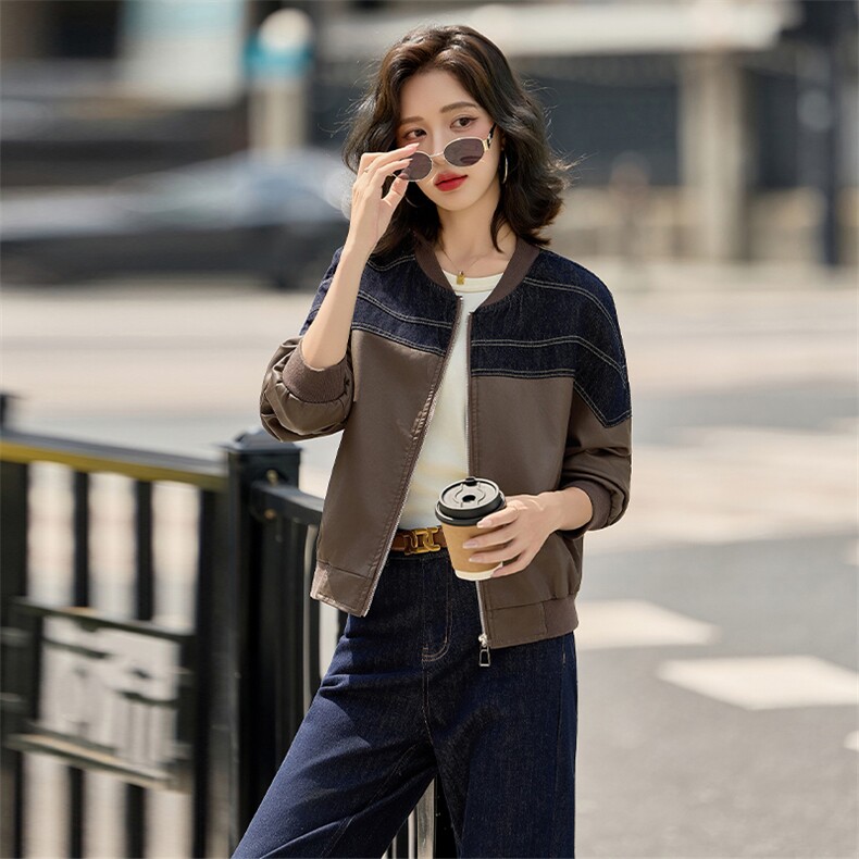 女式皮衣2025秋季新款牛仔拼接百搭休闲时尚PU皮夹克上衣,女装皮衣,美拉德工厂直营店